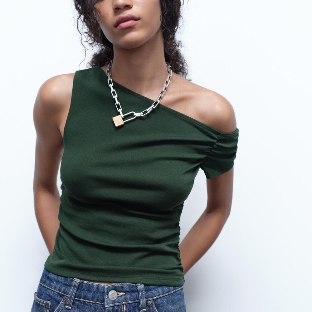 Zara ASYMMETRICAL RUCHED TOP Dark Green